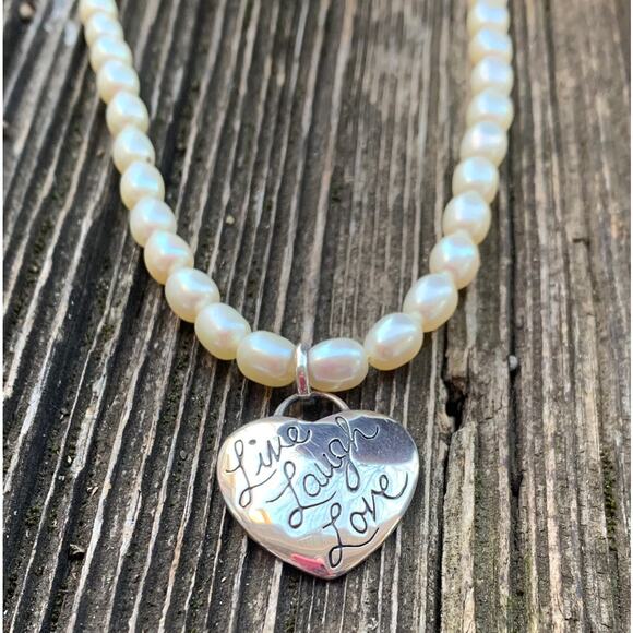LIve Laugh Love Sterling Silver Heart and Freshwater Pearl Necklace - Picture 2 of 8
